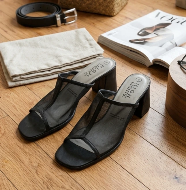 High Lights Black Mesh Block Heel Mules - Size 7