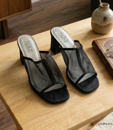 High Lights Black Mesh Block Heel Mules - Size 7 - photo 2
