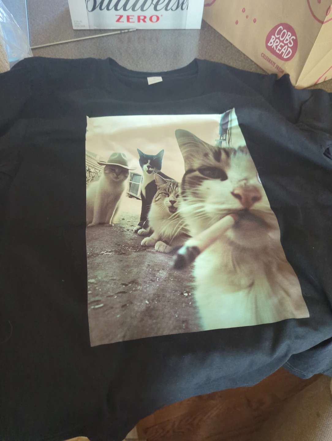 Black T-Shirt with Cat Graphic Print