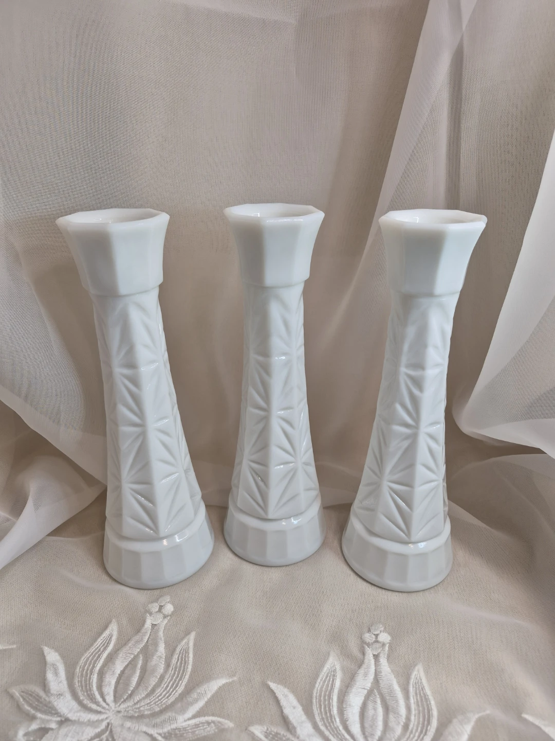 Set of 3 Vintage White Milk Glass 9" Tall Matching Vases - photo 2