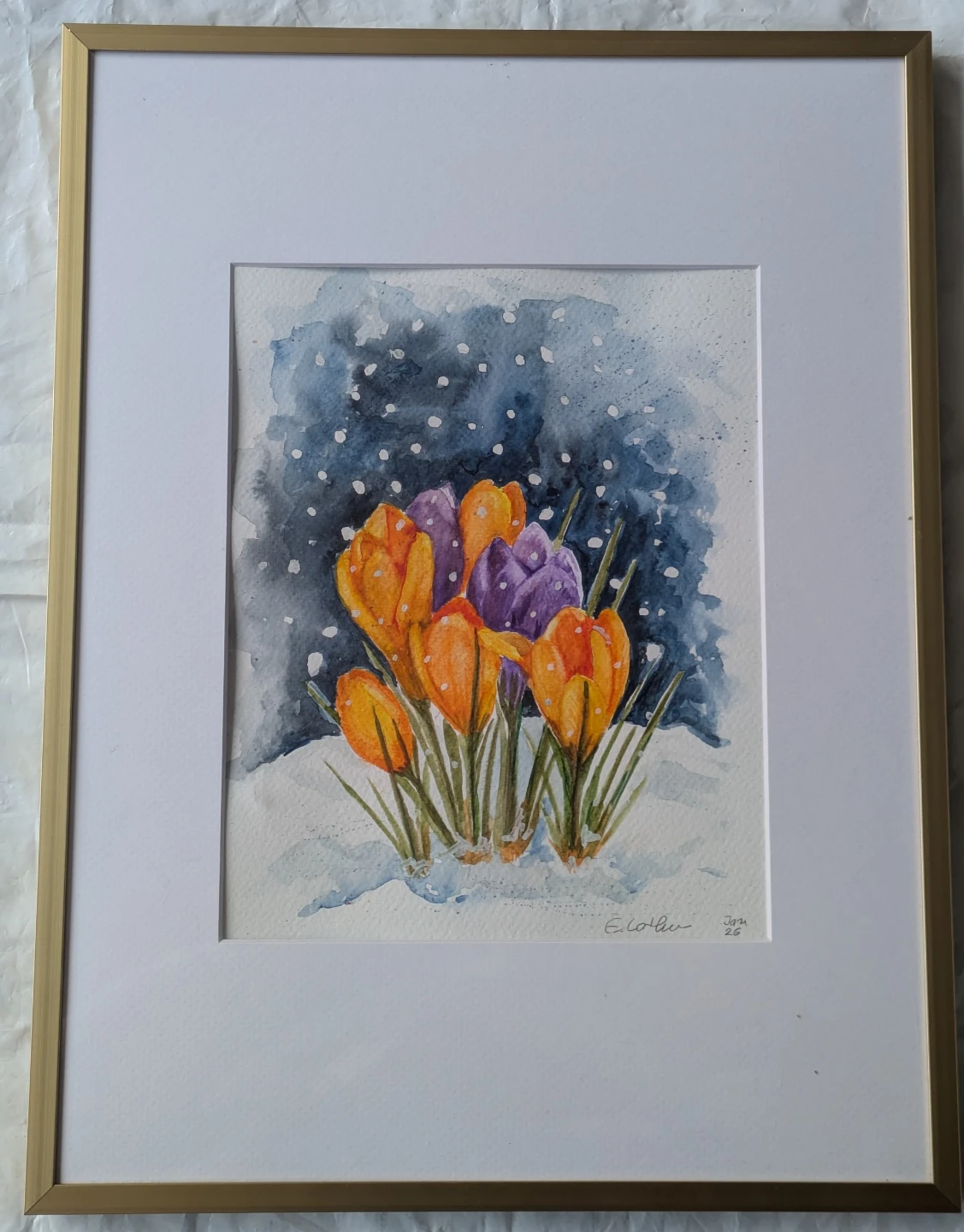 Framed Original Watercolor Painting of Crocuses in Snow