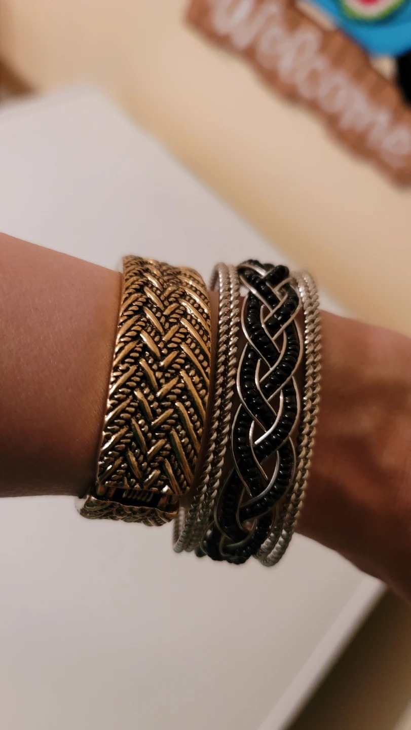 Two Bracelets - Gold Tone Woven and Black Beaded Braid(15) - photo 2