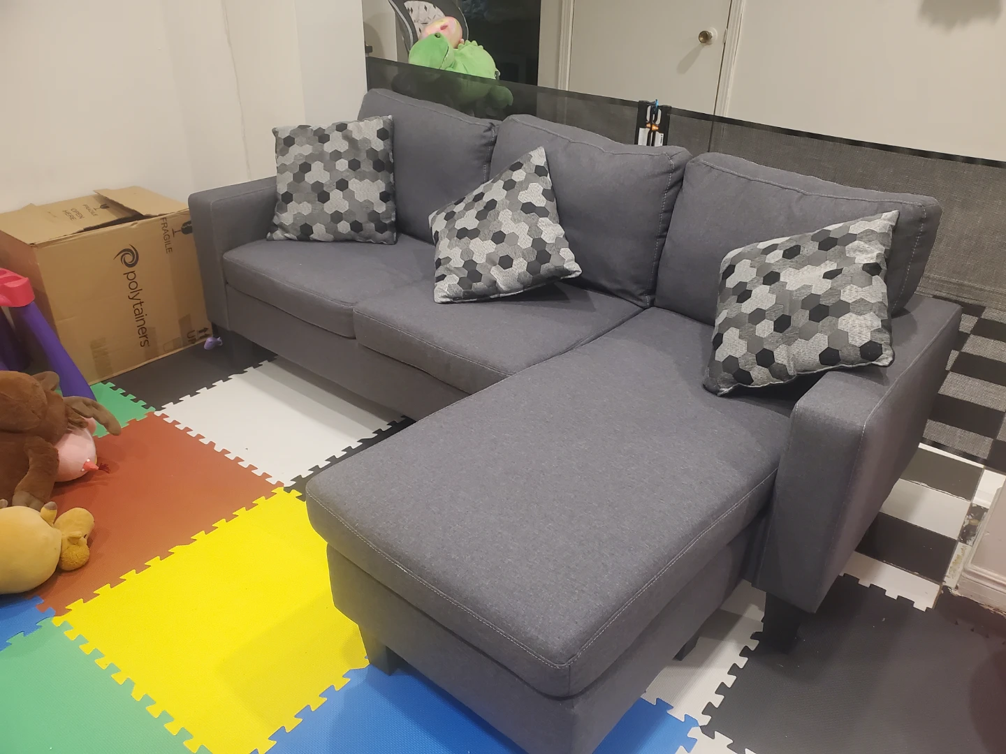 Grey Sectional Sofa with 3 Pillows - photo 2
