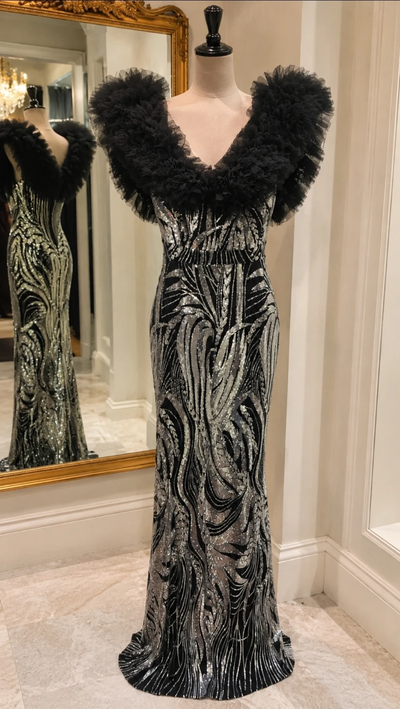 Dress Sequin Gown with Ruffled Neckline