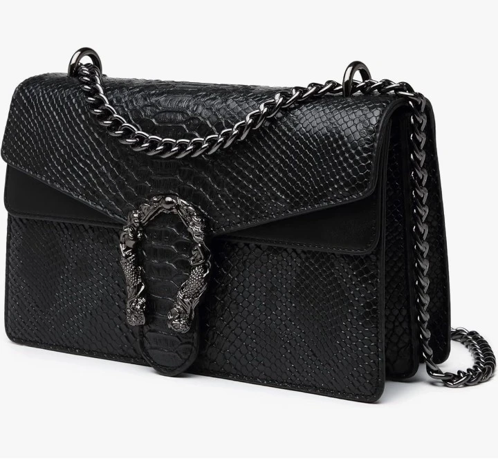Black Snakeskin Textured Shoulder Bag with Chain Strap