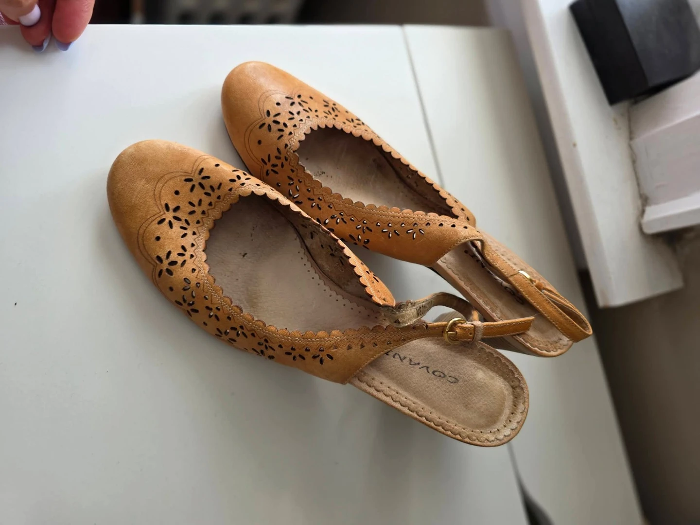 Covanzi Tan Suede Laser Cut Slingback Flats