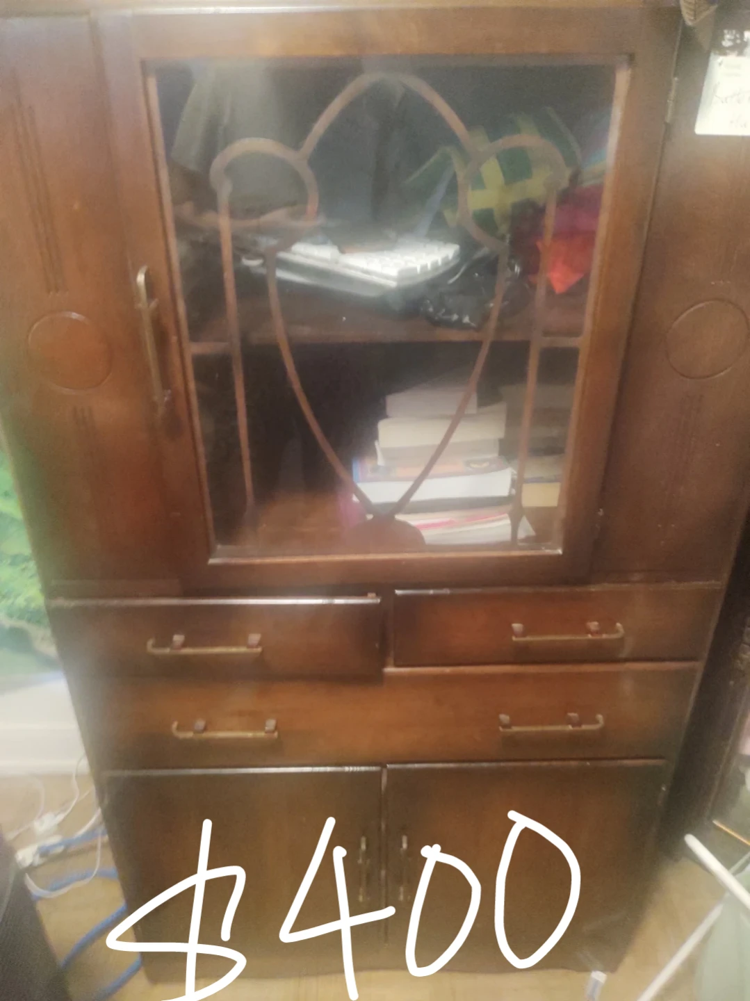Vintage Wooden Cabinet with Glass Door and Drawers
