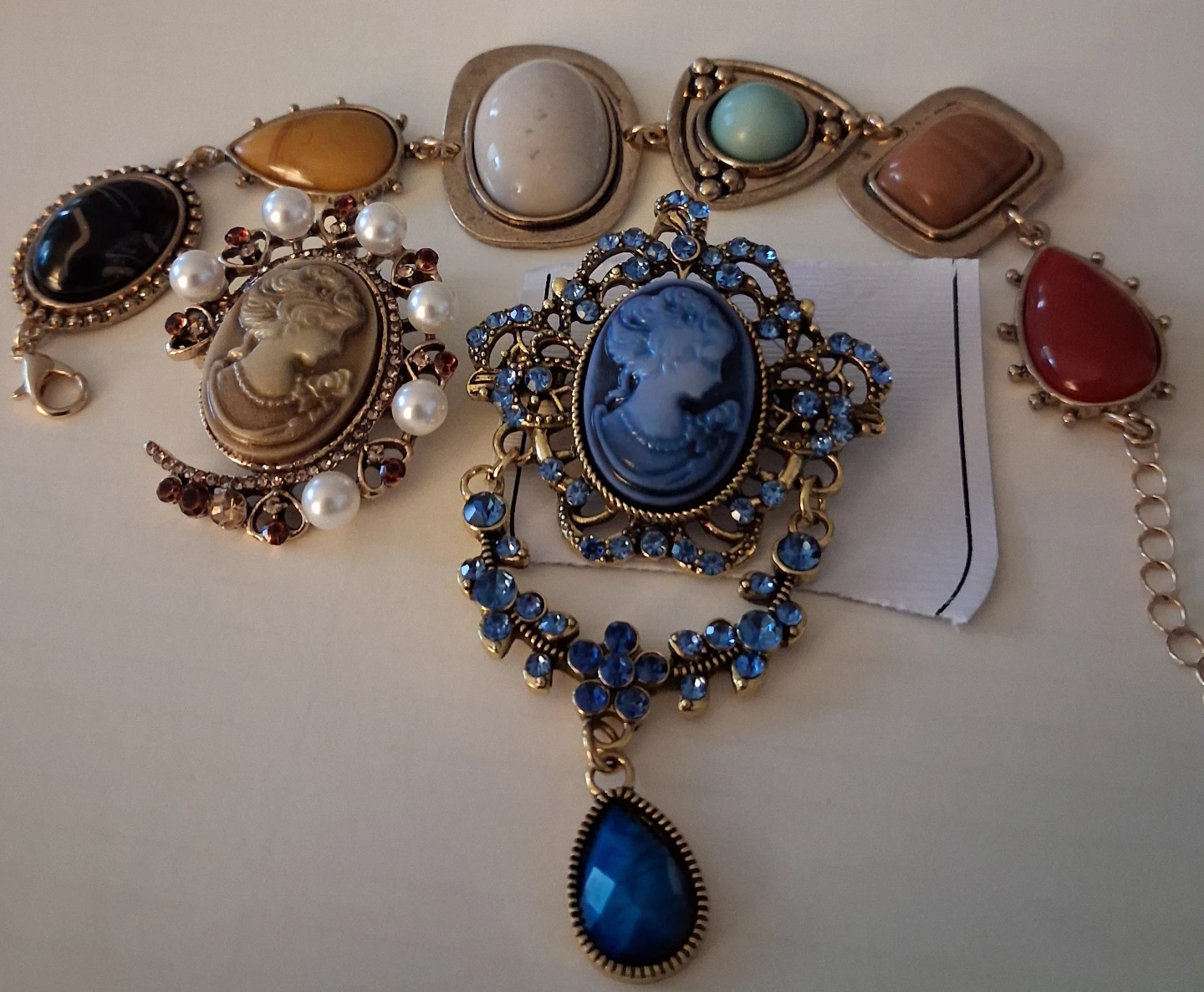 Cameo Brooch and Gemstone Bracelet Set