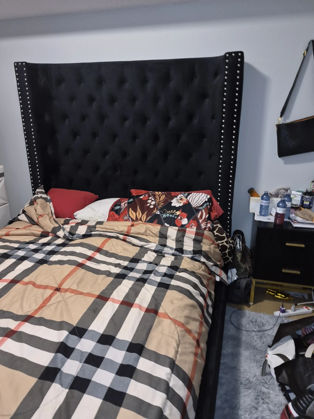 Black Upholstered Headboard with Studs