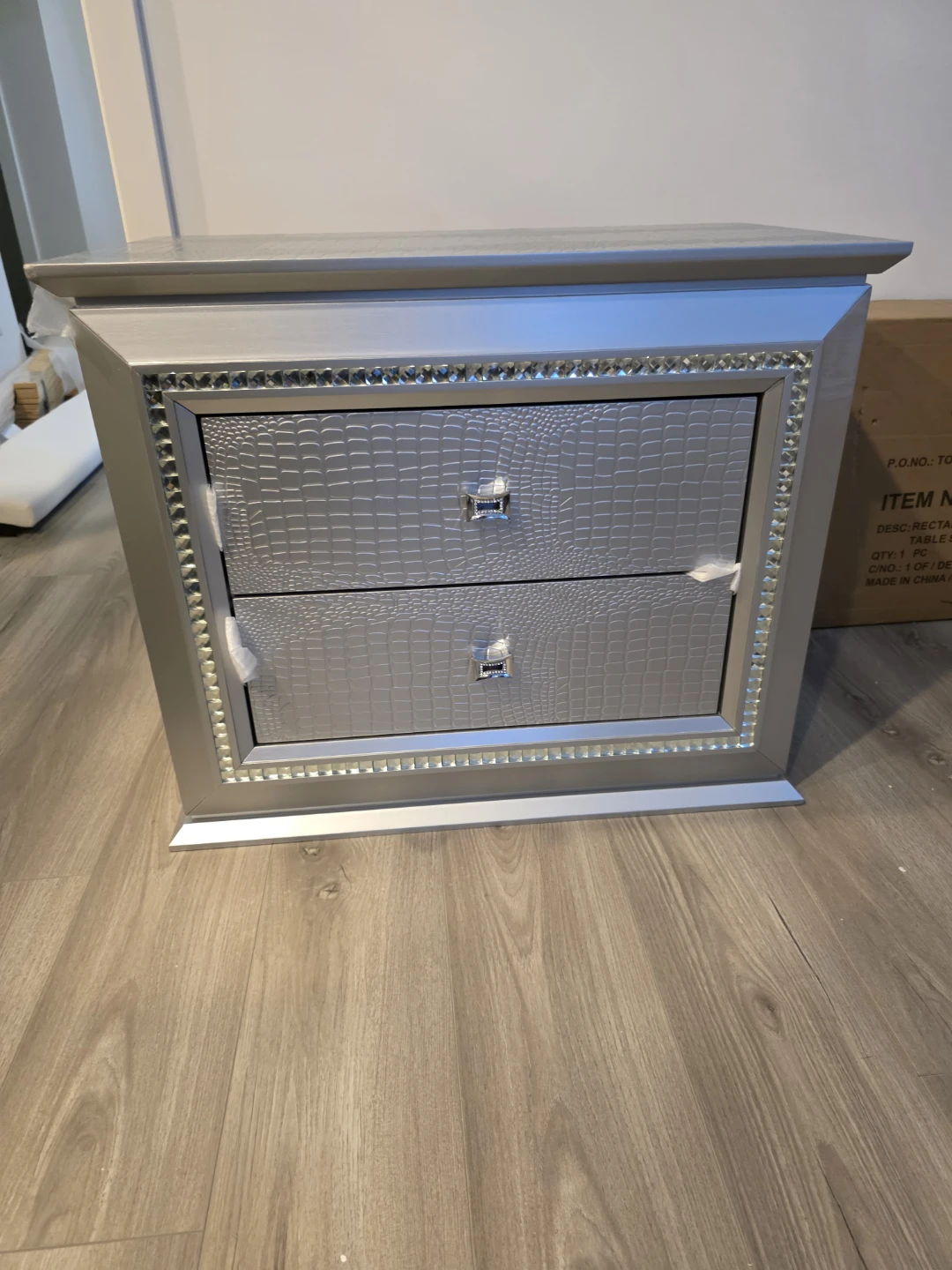 Silver 2-Drawer Nightstand with Crystal Accents