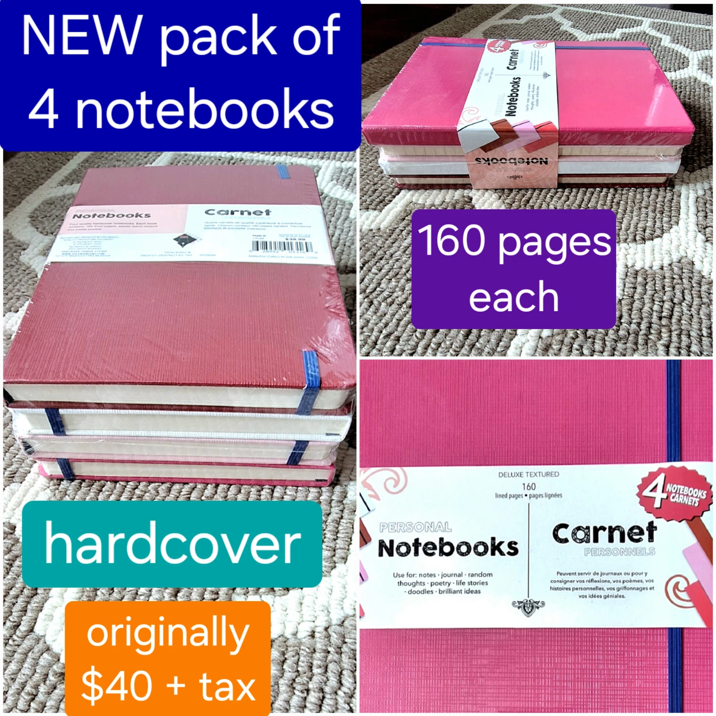 Notebooks - NEW set of 4 pink hardcover notebooks