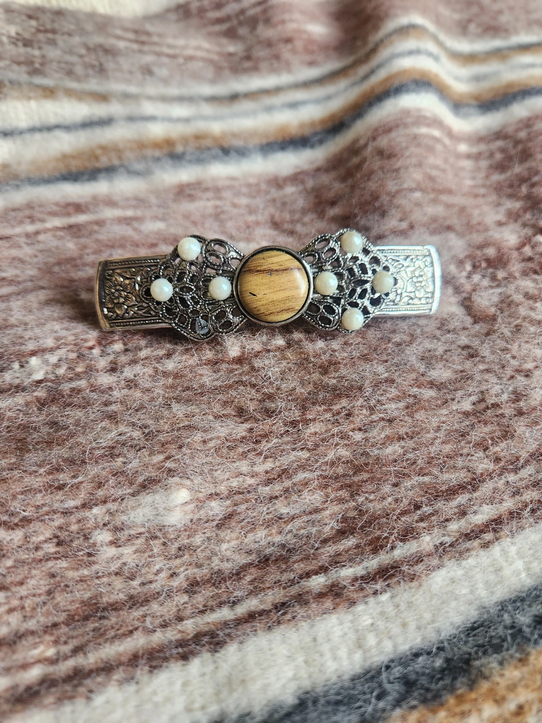 Ornate Barrette with Wood and Pearl Accents