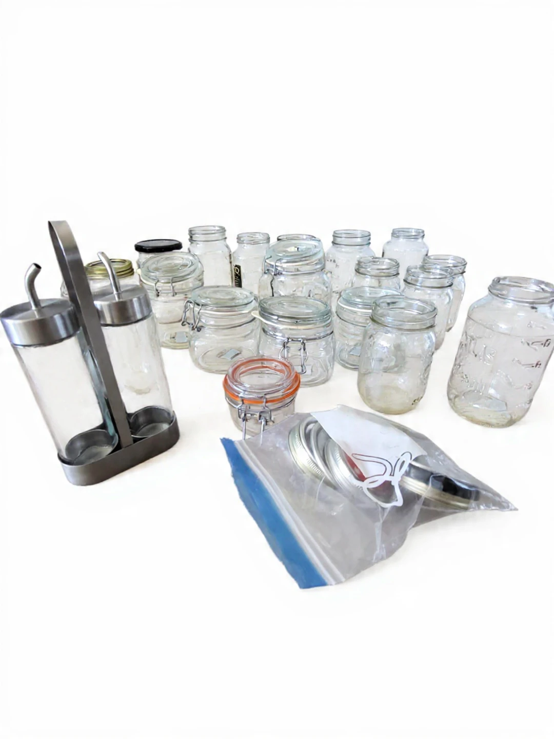 Assorted Glass Jars and Dispenser Set
