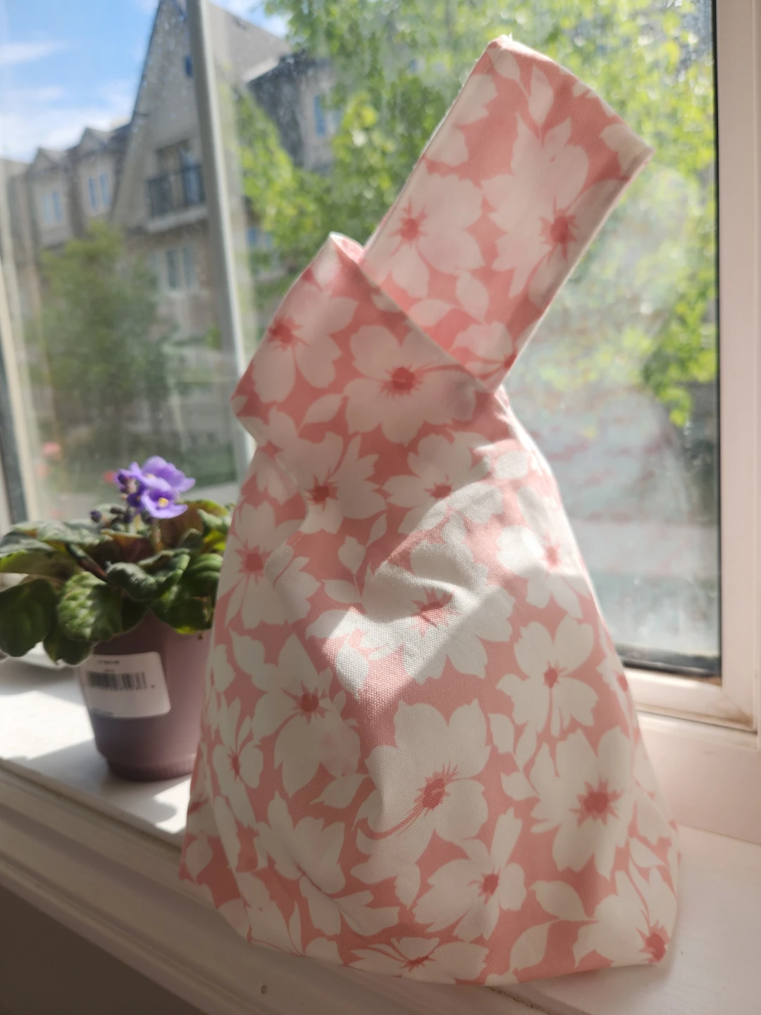 Hand Made Double sided Fabric Bag with Pink Flower Pattern