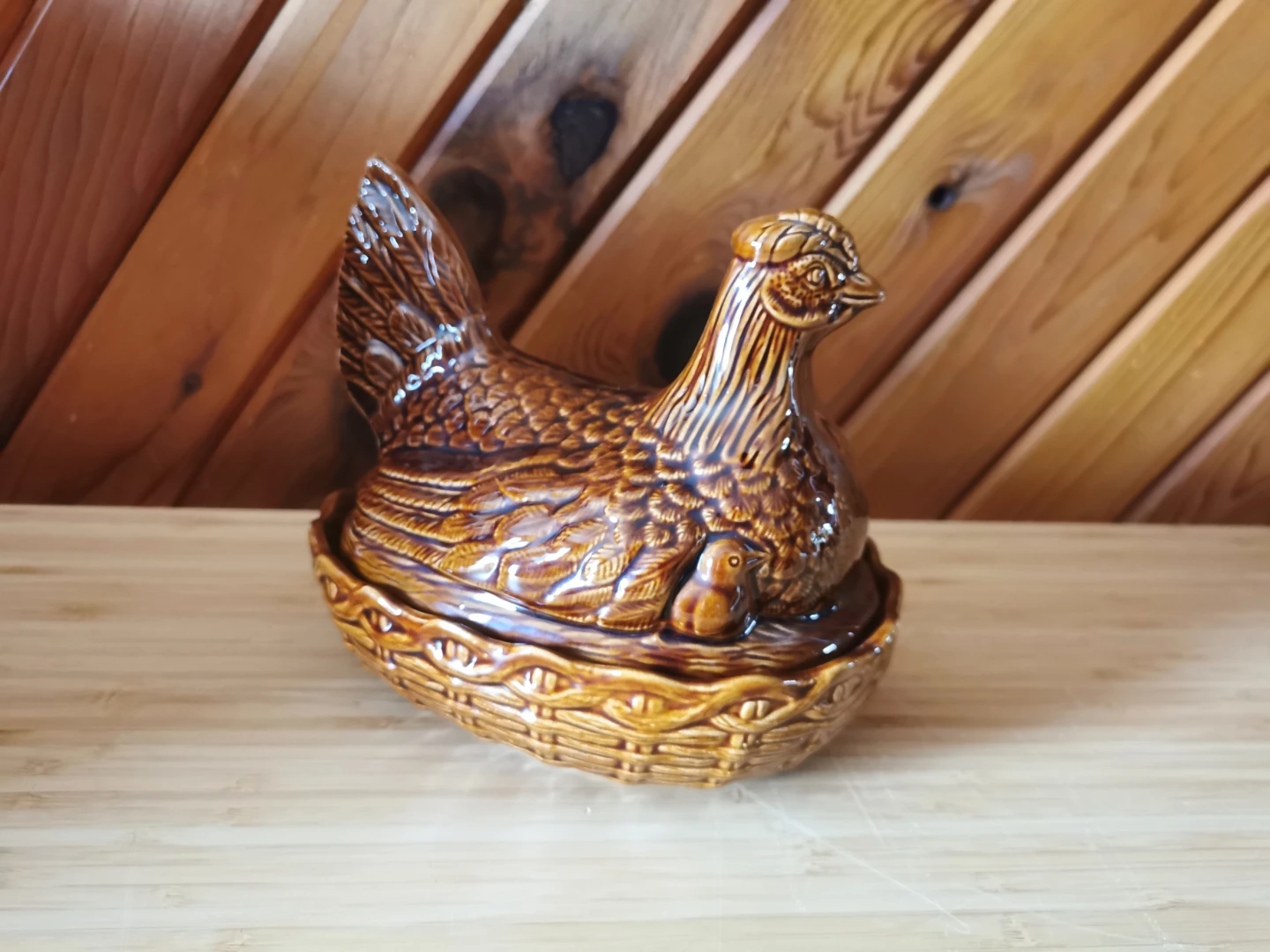 Vintage Brown Glazed Pottery Hen on Nest Covered Dish - photo 5