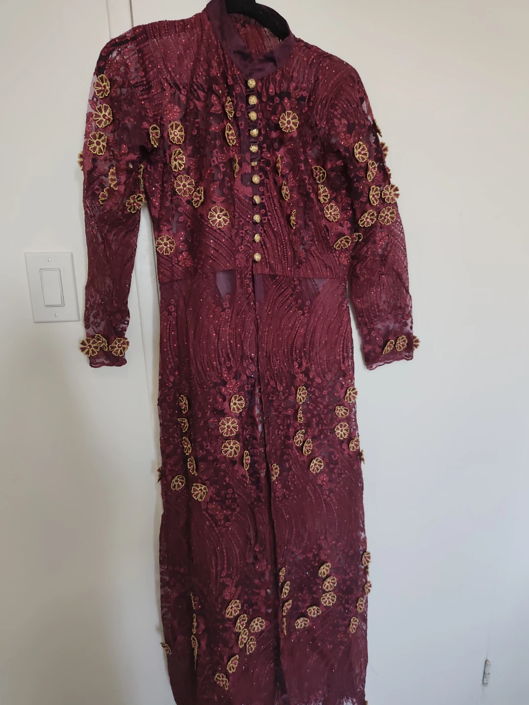 Burgundy Lace Dress with Gold Flower Embellishments
