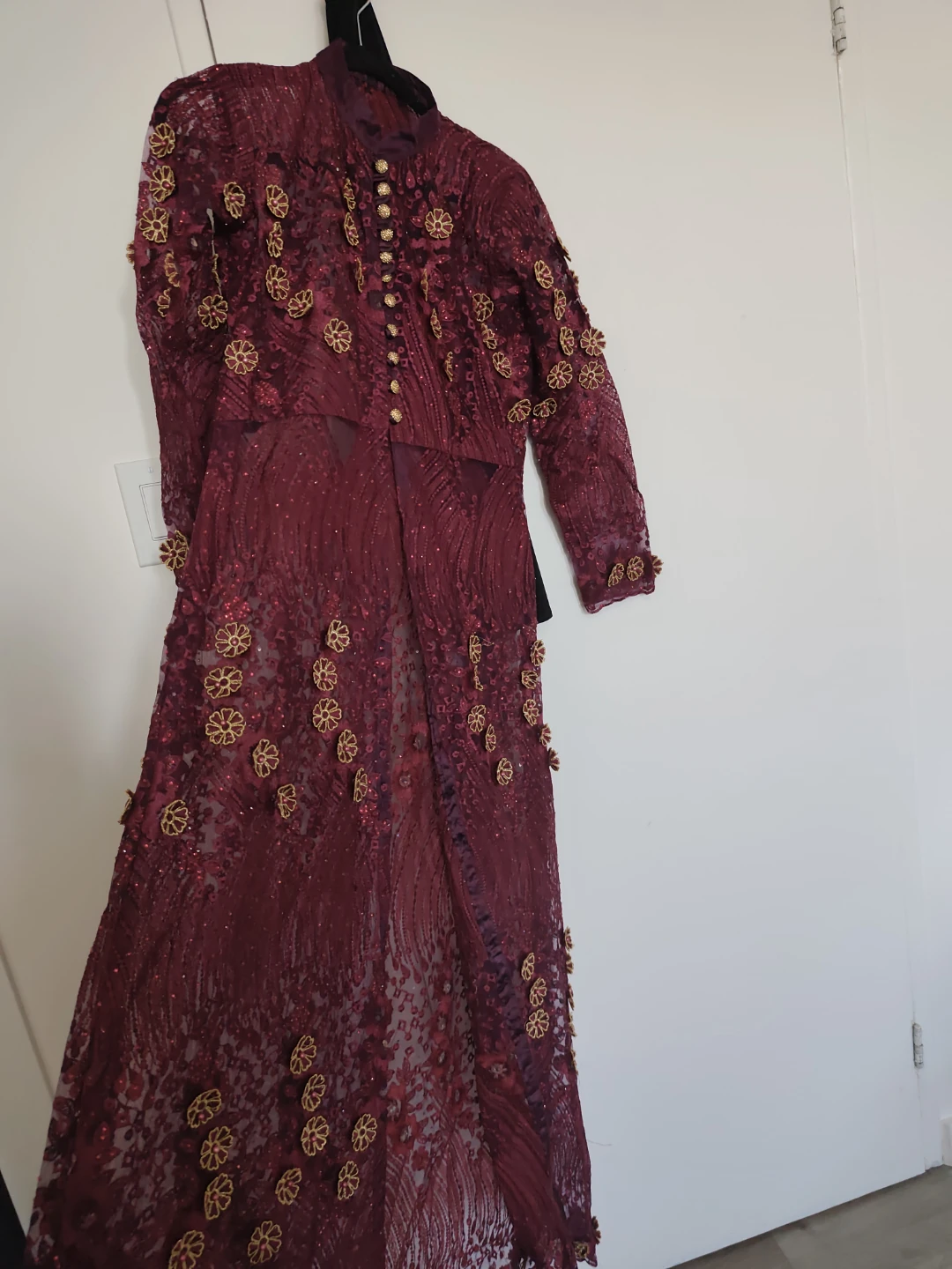 Burgundy Lace Dress with Gold Flower Embellishments - photo 2