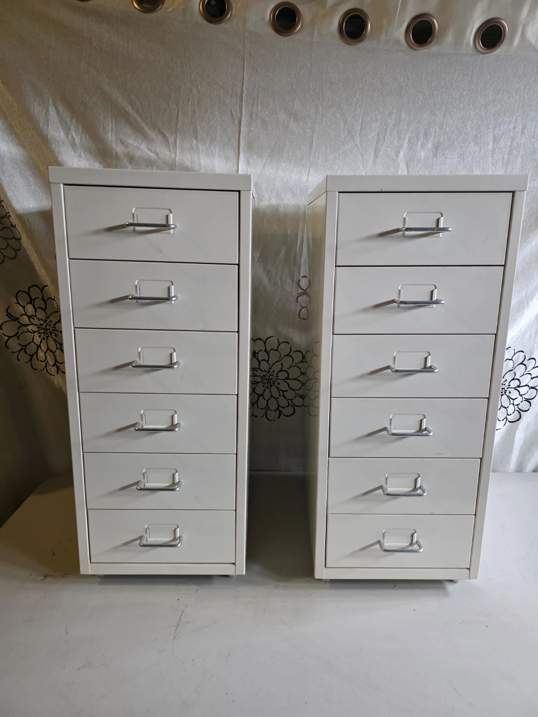 Set of 2 Cream Metal 7-Drawer Cabinets