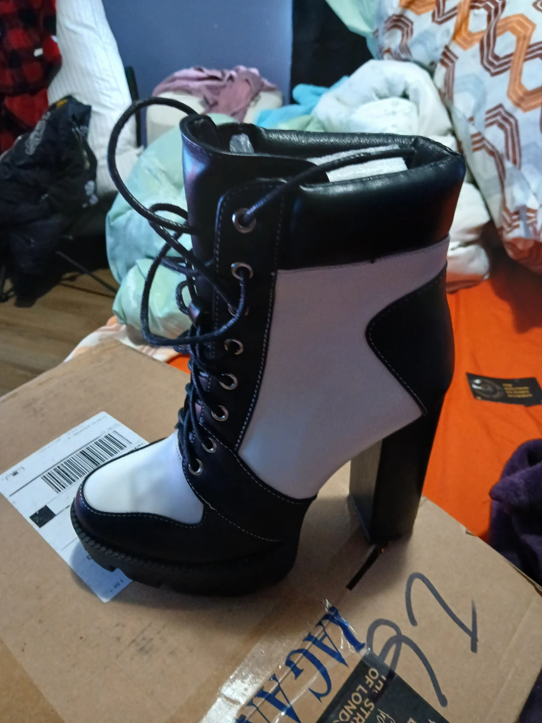 Black & White Lace-Up Block Heel Boots - photo 4