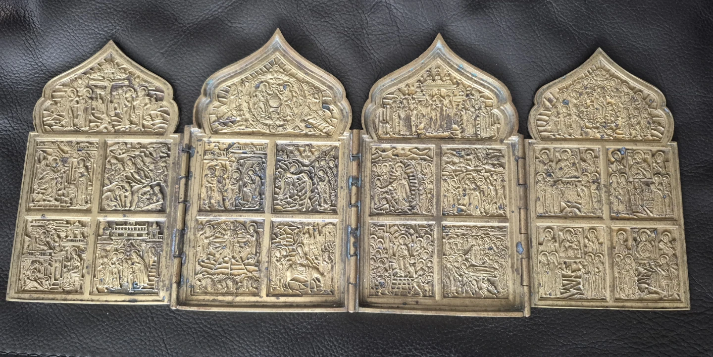 Antique Orthodox Four Fold Travel icon brass - photo 2