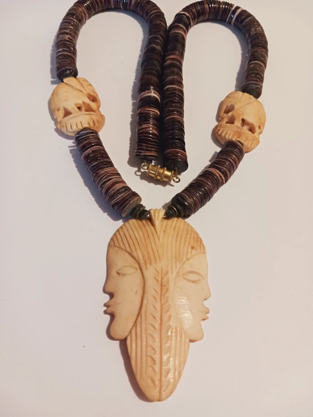 Beautiful African Carved Face & Elephants Beaded Necklace