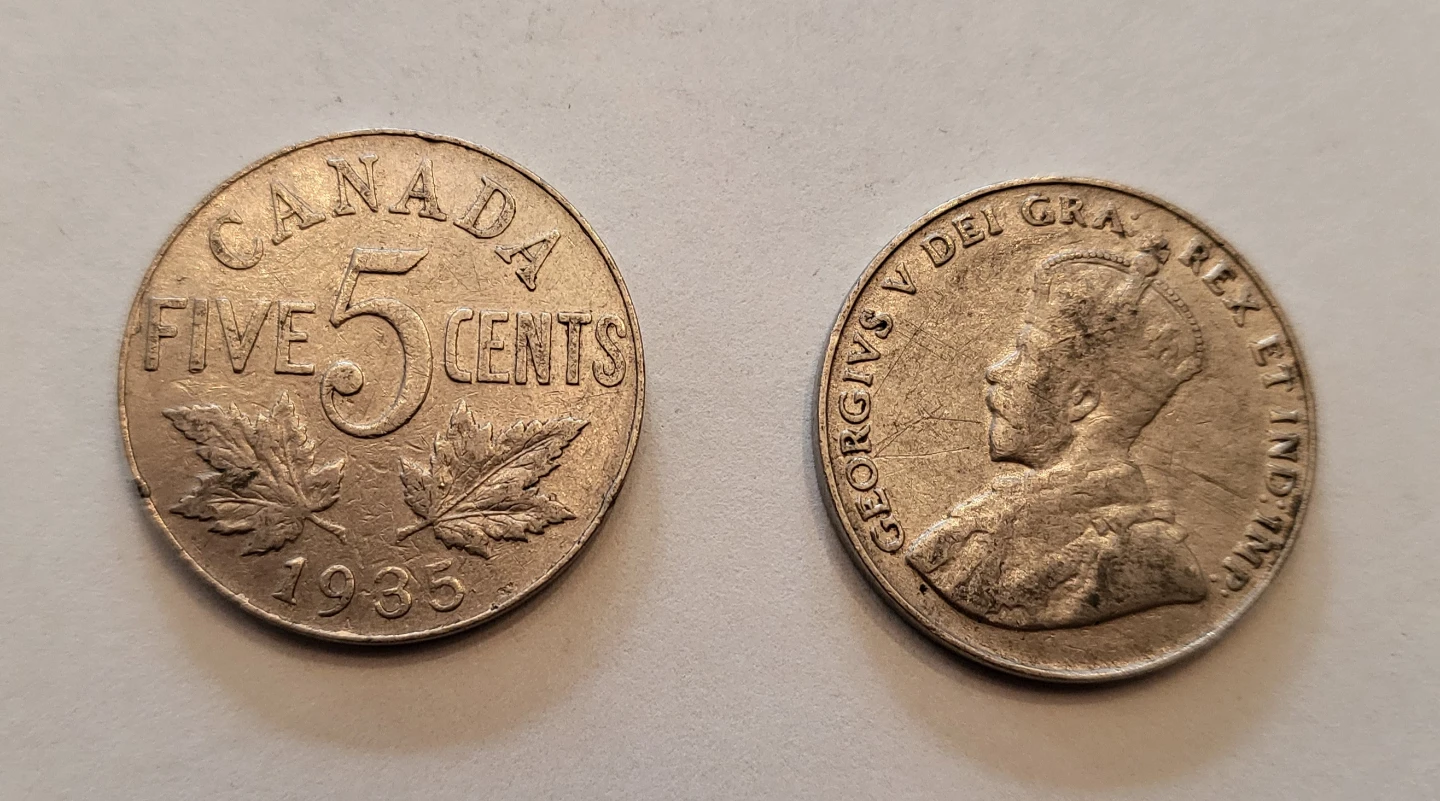Vintage 1935 Canadian Five Cent Coin