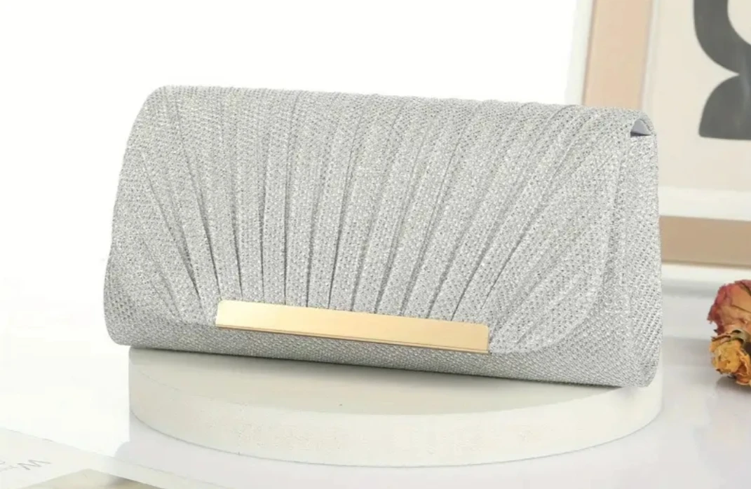 Silver Glitter Clutch with Gold Chain