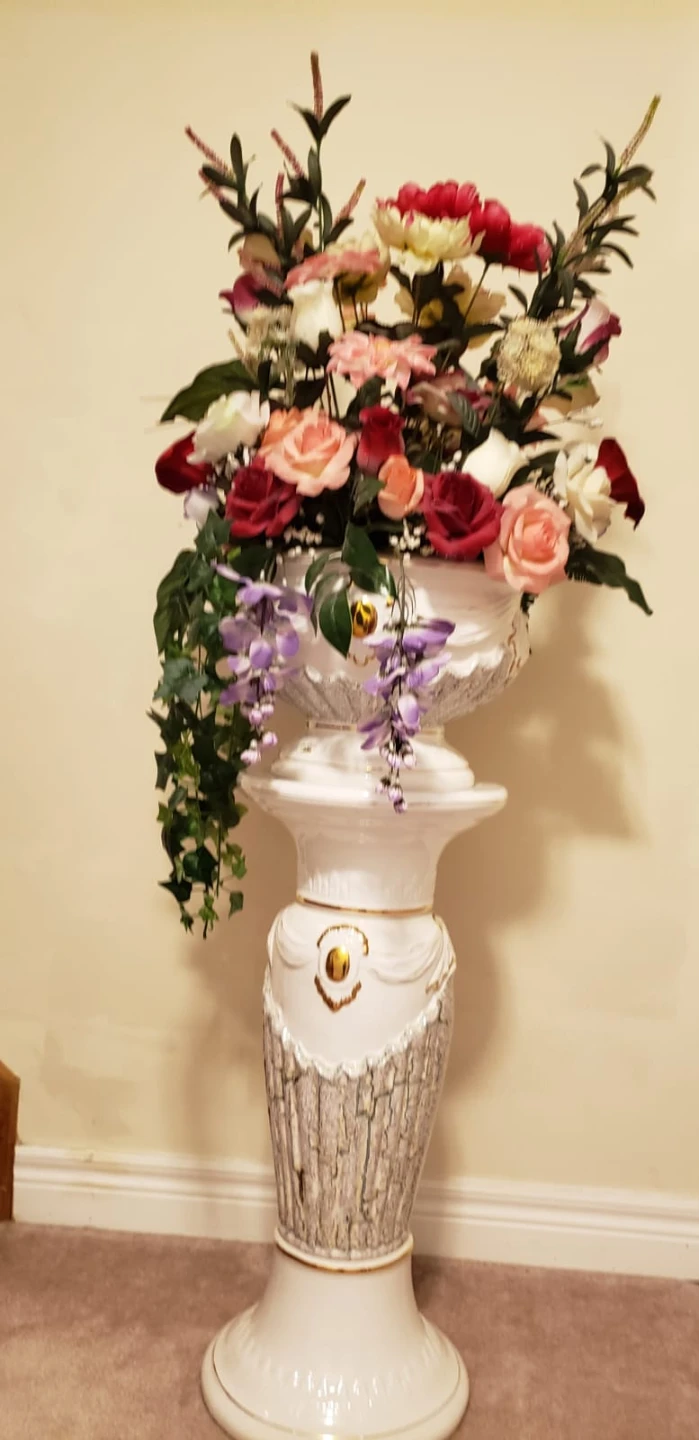 White Pedestal Urn with Faux Floral Arrangement