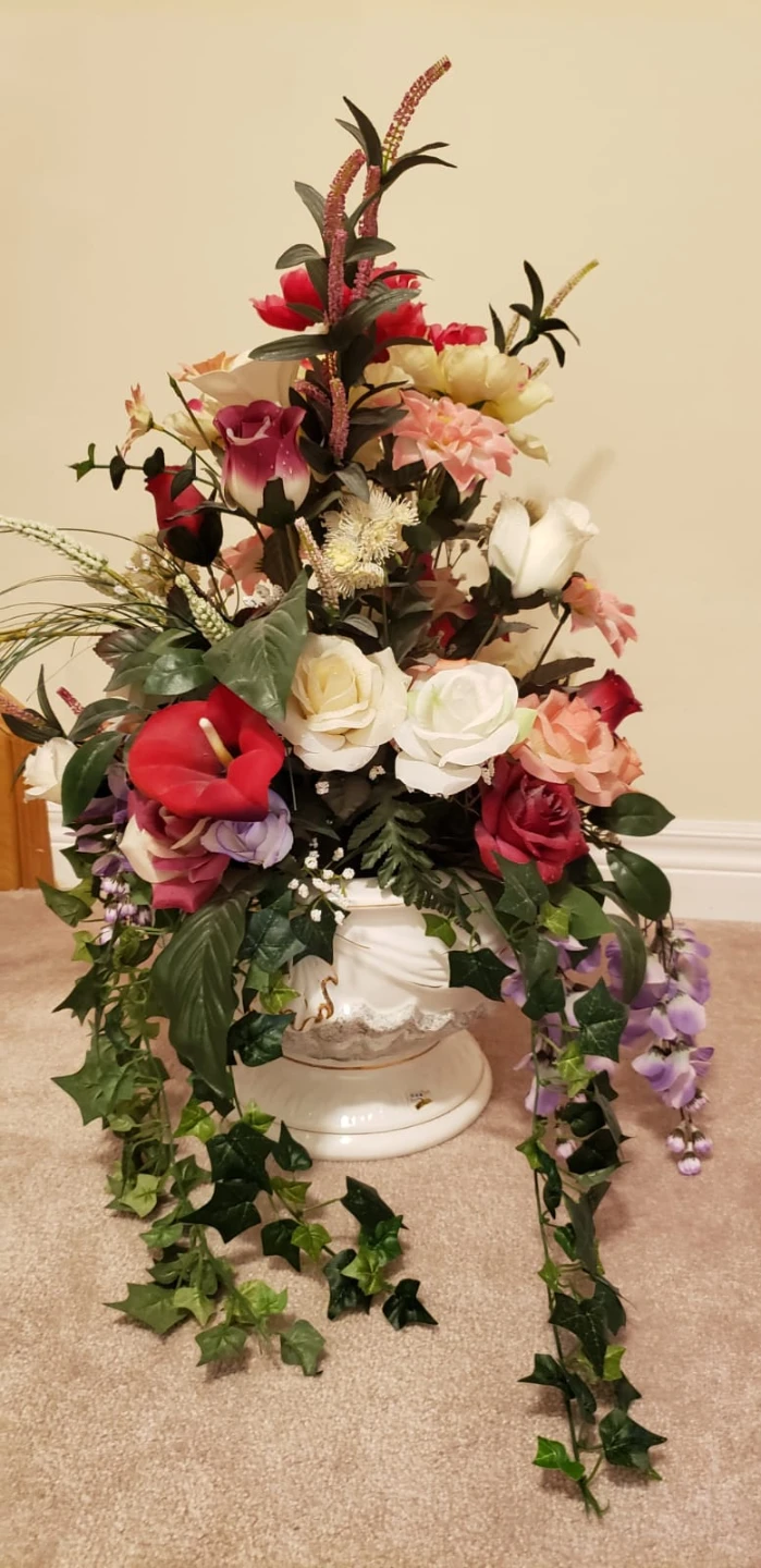 White Pedestal Urn with Faux Floral Arrangement - photo 2