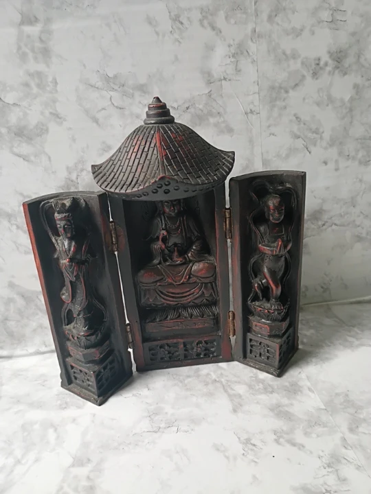 Vintage Carved  Triptych Shrine.