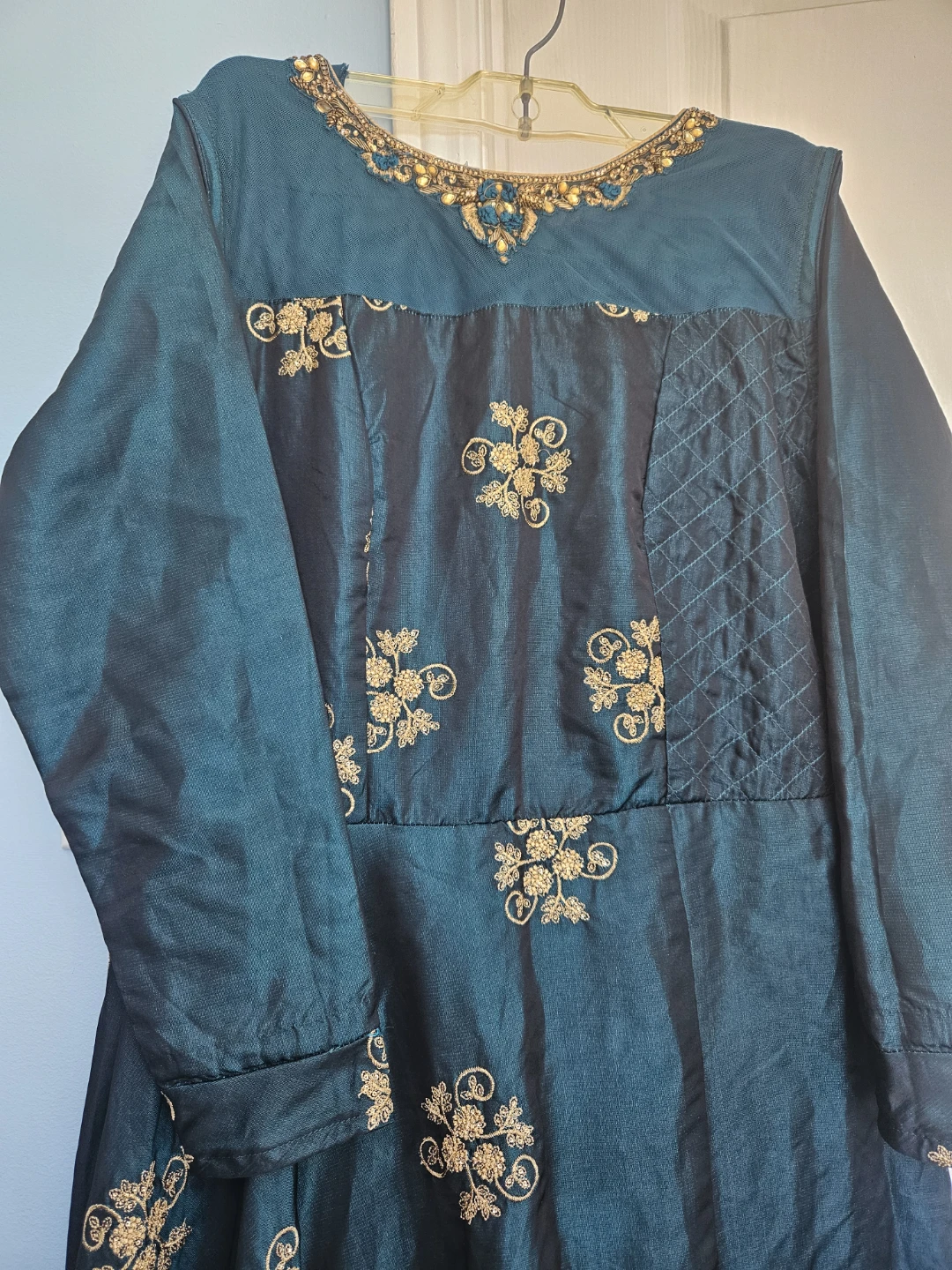 Elegant Teal Party Wear Dress – Gold Embroidery
