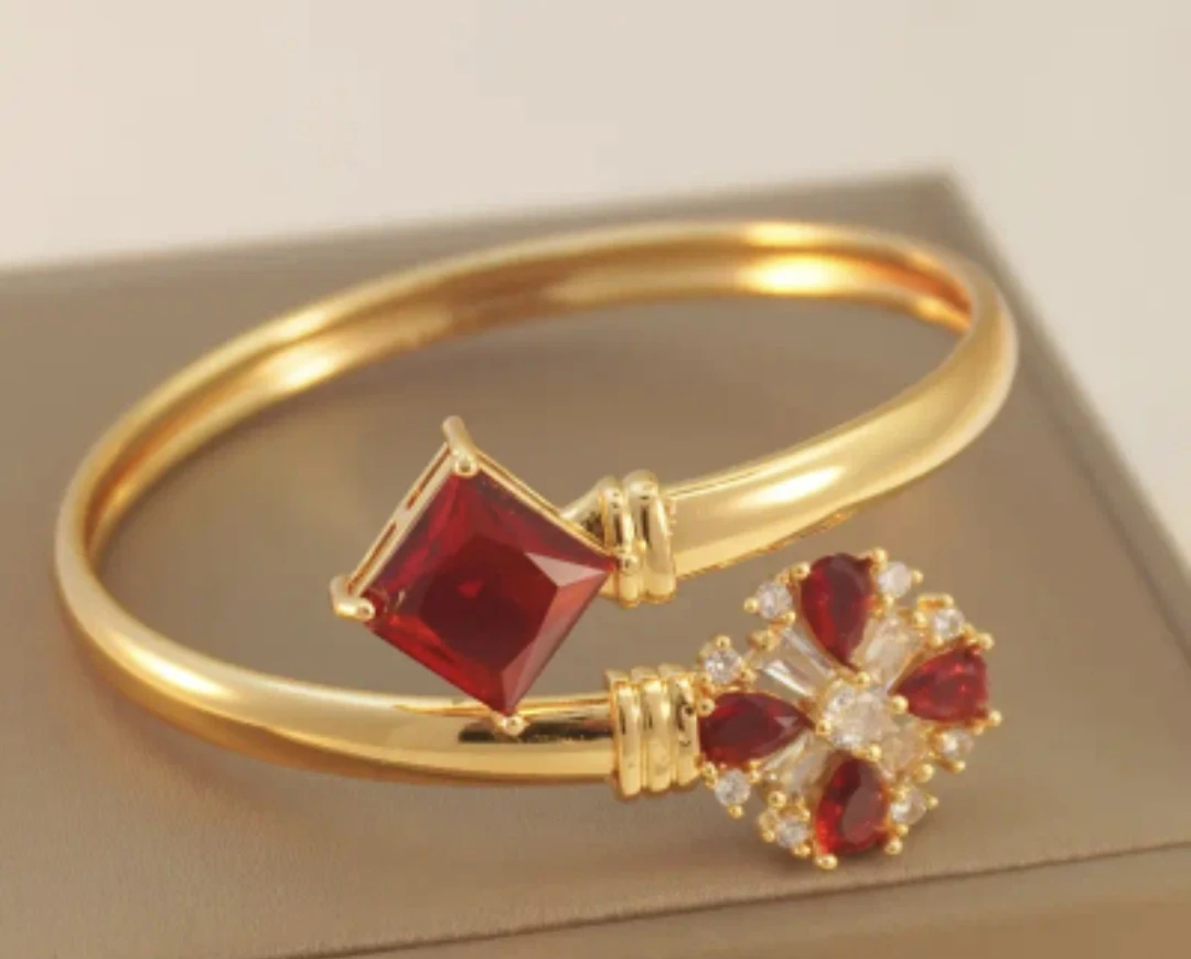 Gold Tone Bangle Bracelet with Red and Clear Stones - photo 2