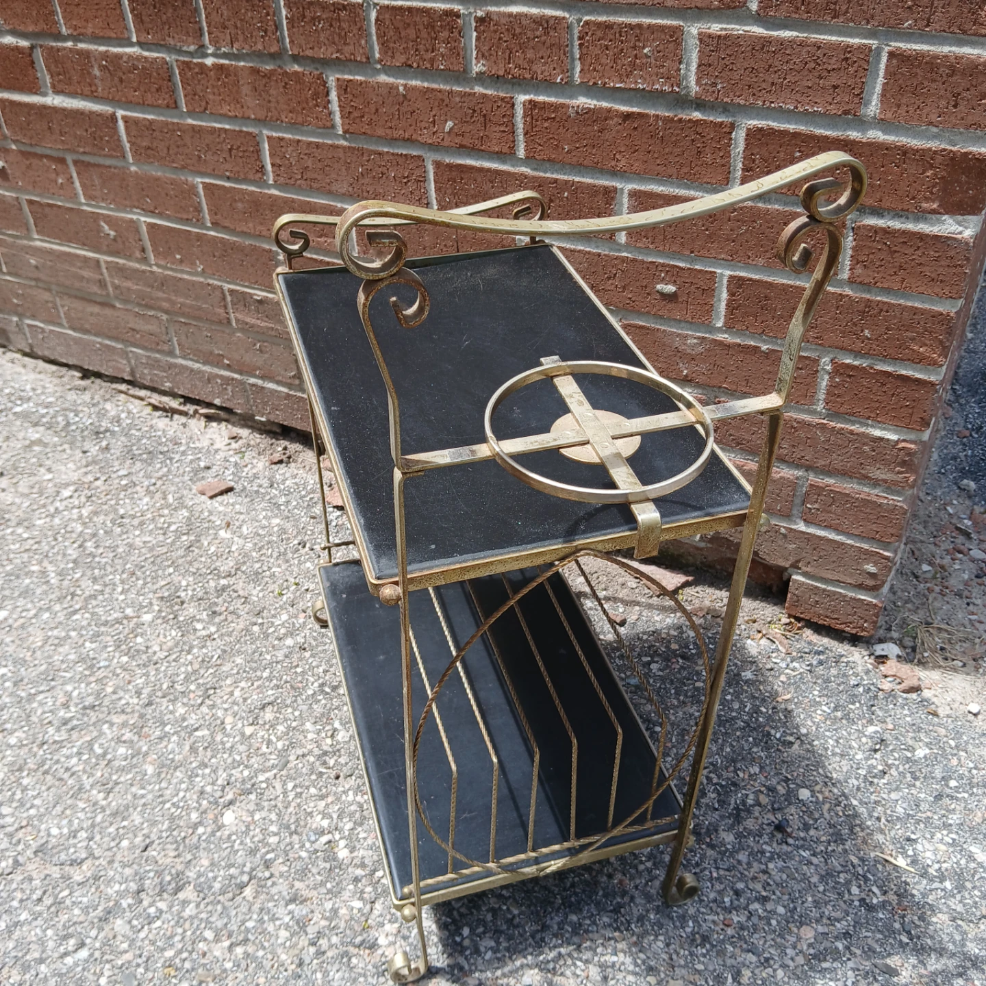 Vintage Gold Metal Magazine Rack with Black Shelves