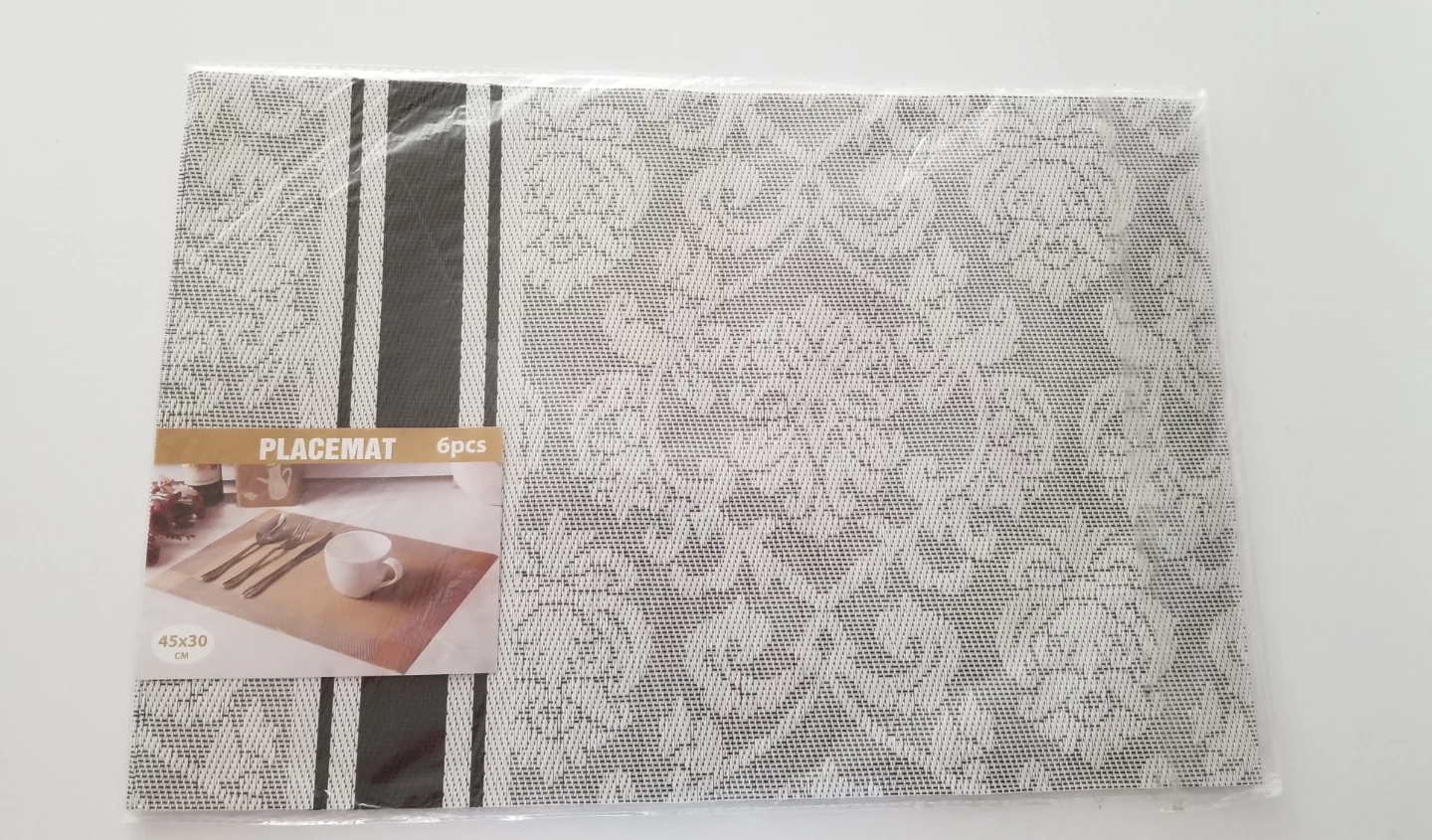 Set of 6 Placemats - Grey & White Damask Pattern