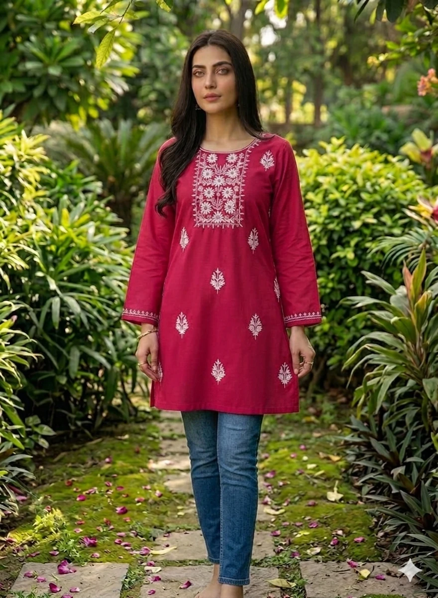 Women's Red Embroidered Kurti