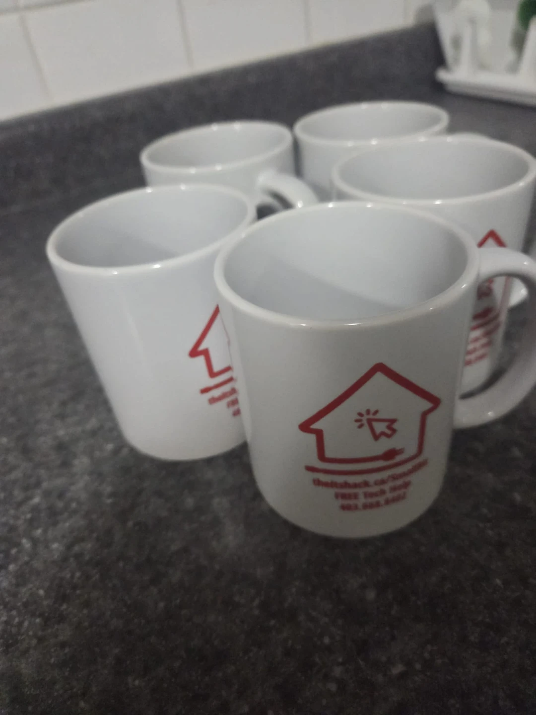 Set of 5 white mugs with red logo
