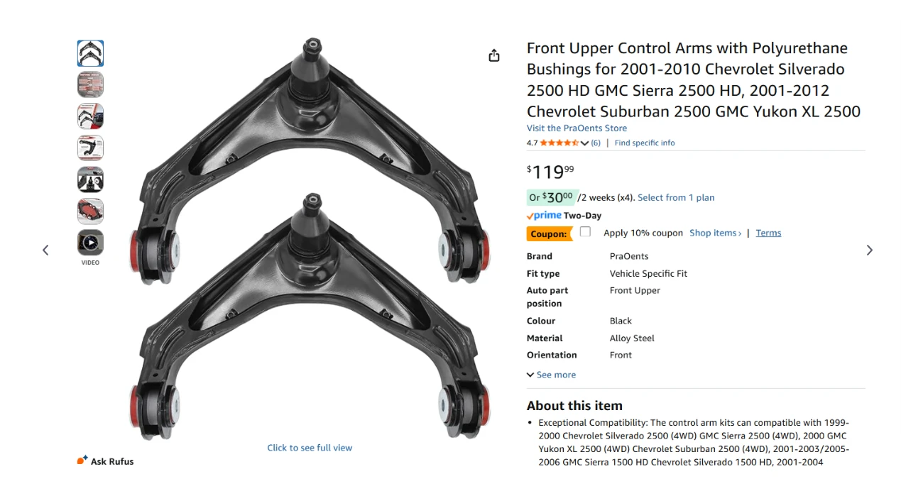Front Upper Control Arms for 2001-2010 Chevy Silverado Sierra - photo 2