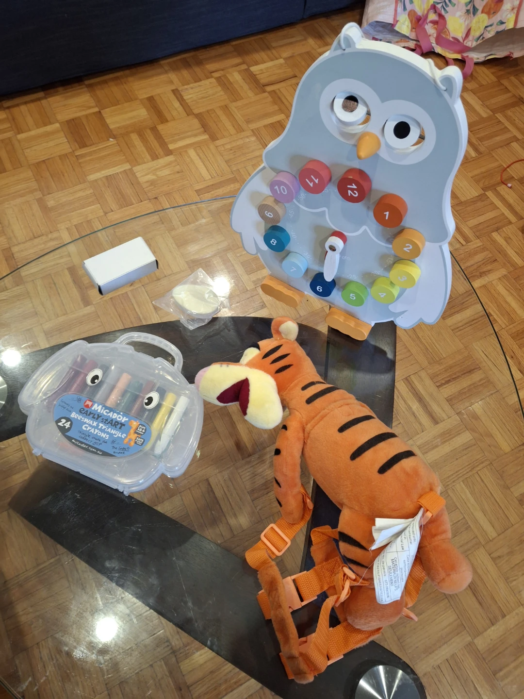 Janod wooden owl clock+Micador Triangle Crayons +Tigger harness