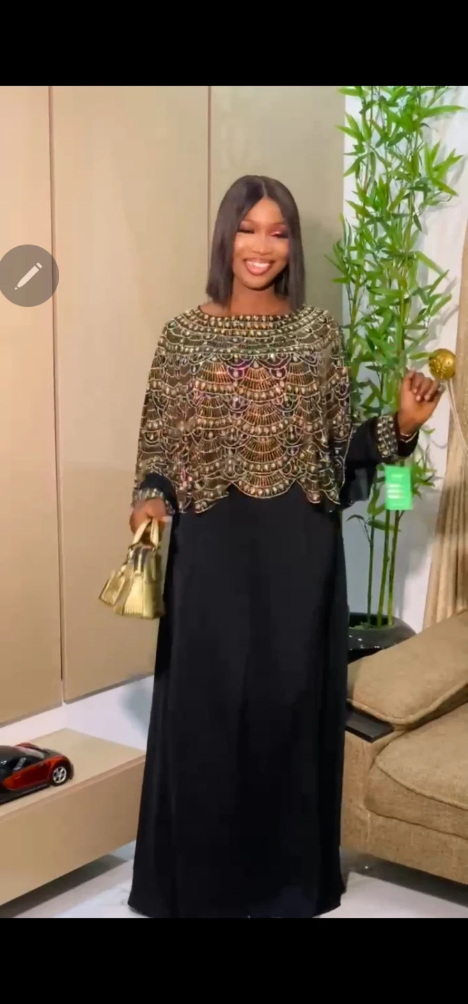 Embellished Black Kaftan Dress with Gold Cape