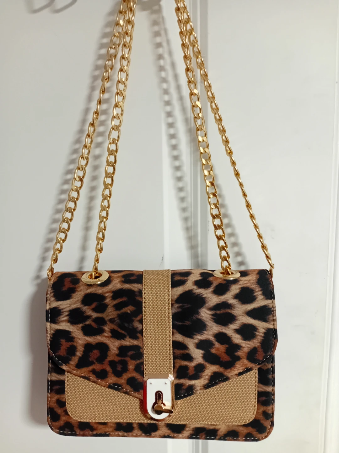Leopard Print Shoulder Bag with Gold Chain