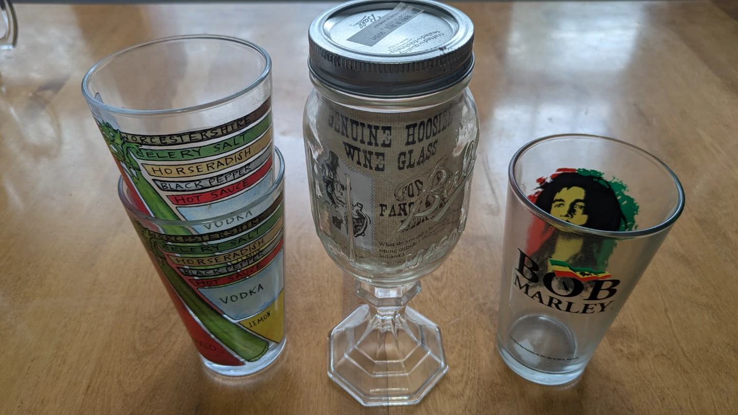 4 Drink glasses: Bob Marley, Bloody Mary, and Redneck Wine Glass