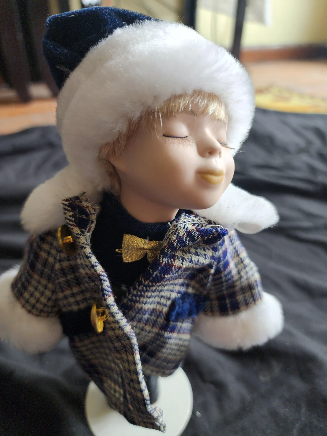 Porcelain Doll Bust with Winter Hat and Plaid Coat - photo 2