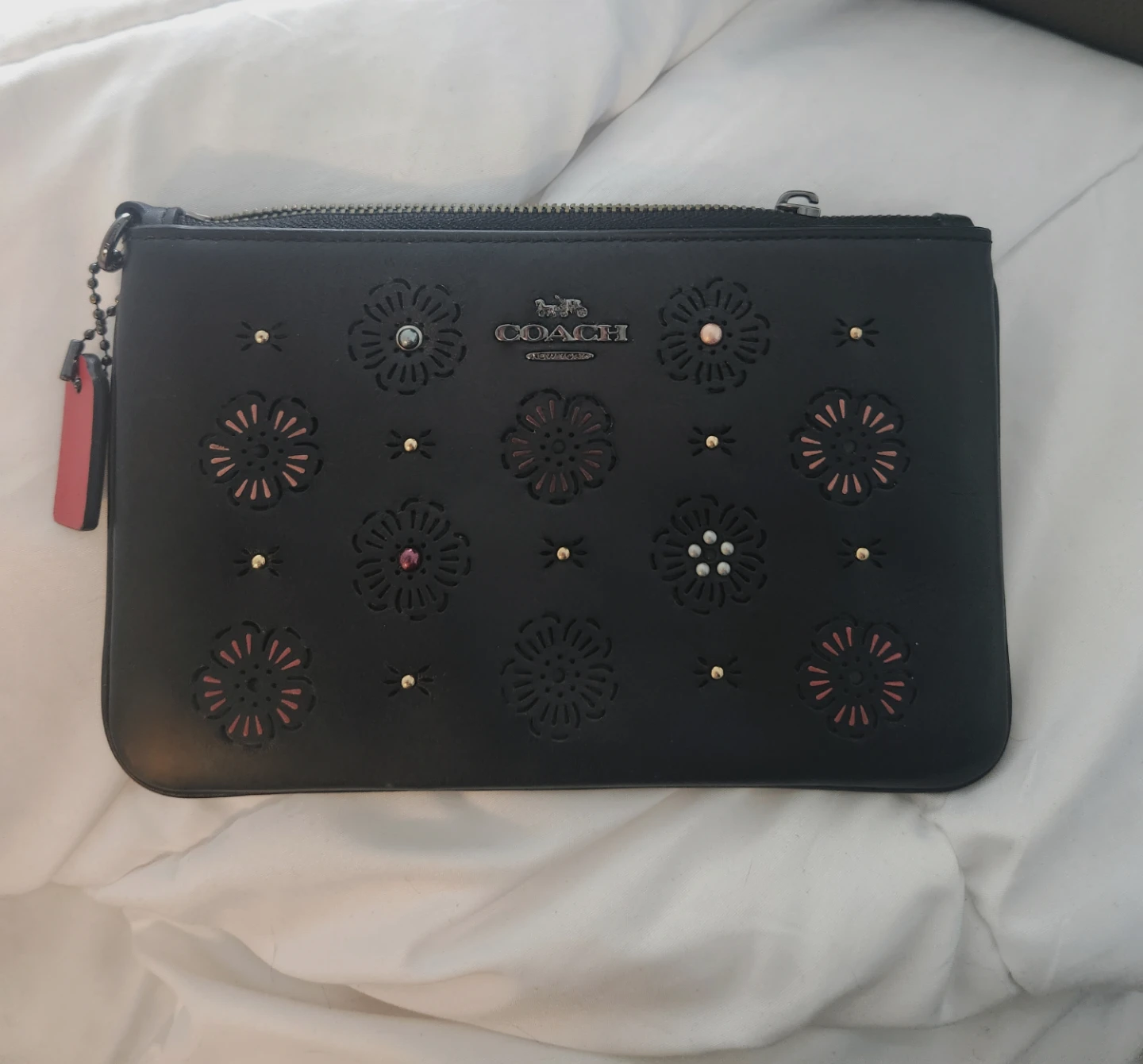 Coach Black Leather Floral mini Clutch