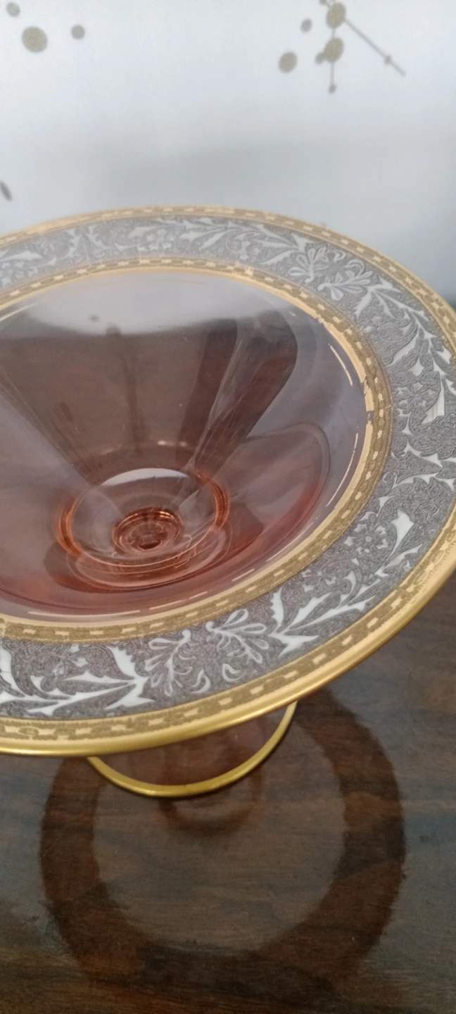 Pink Glass Pedestal Cake Stand with Gold Rim - photo 2