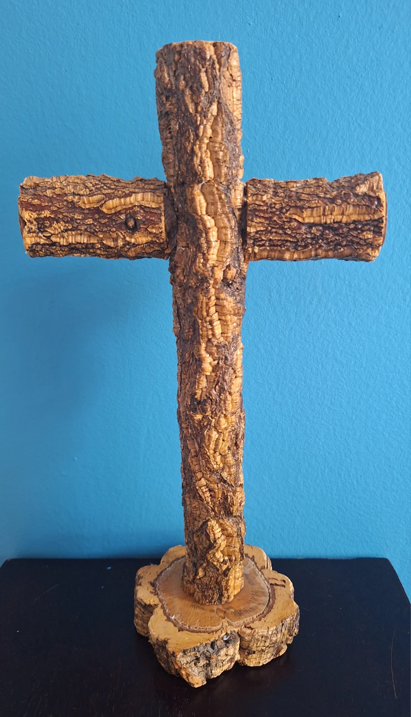 Vintage Tabletop Cork Bark Wood Cross Crucifix - photo 2