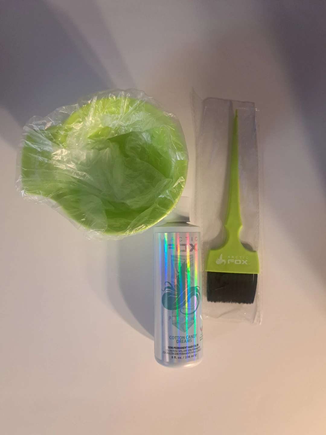 Arctic Fox blue hair dye, mixing bowl, and brush, unopened