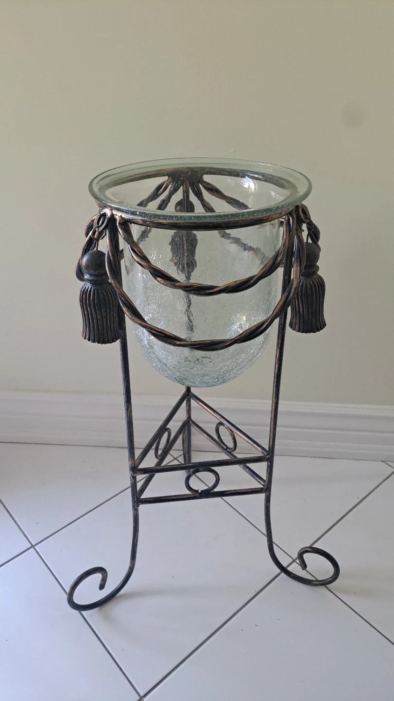 Crackle Glass Vase with Metal Stand and Tassels