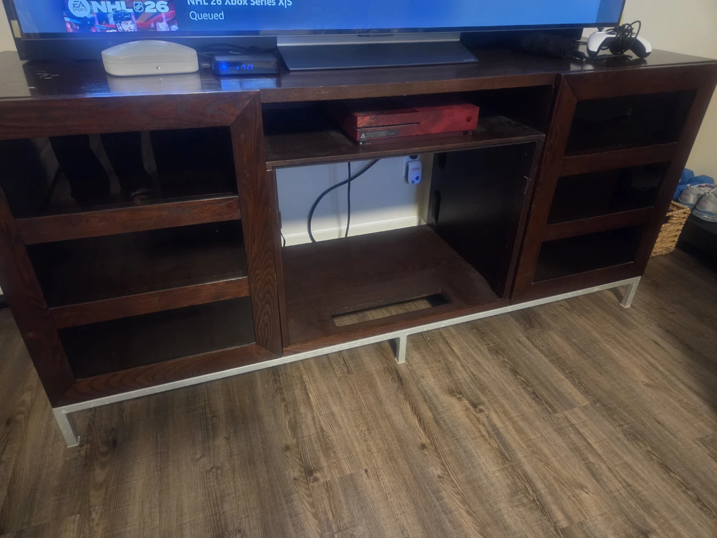 Dark Wood Entertainment Stand with Glass Doors