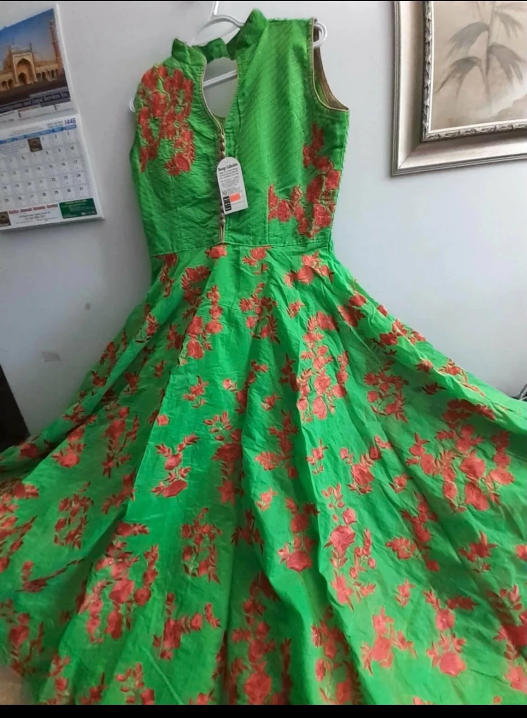 Bright Green Floral Anarkali Dress with Gold Border