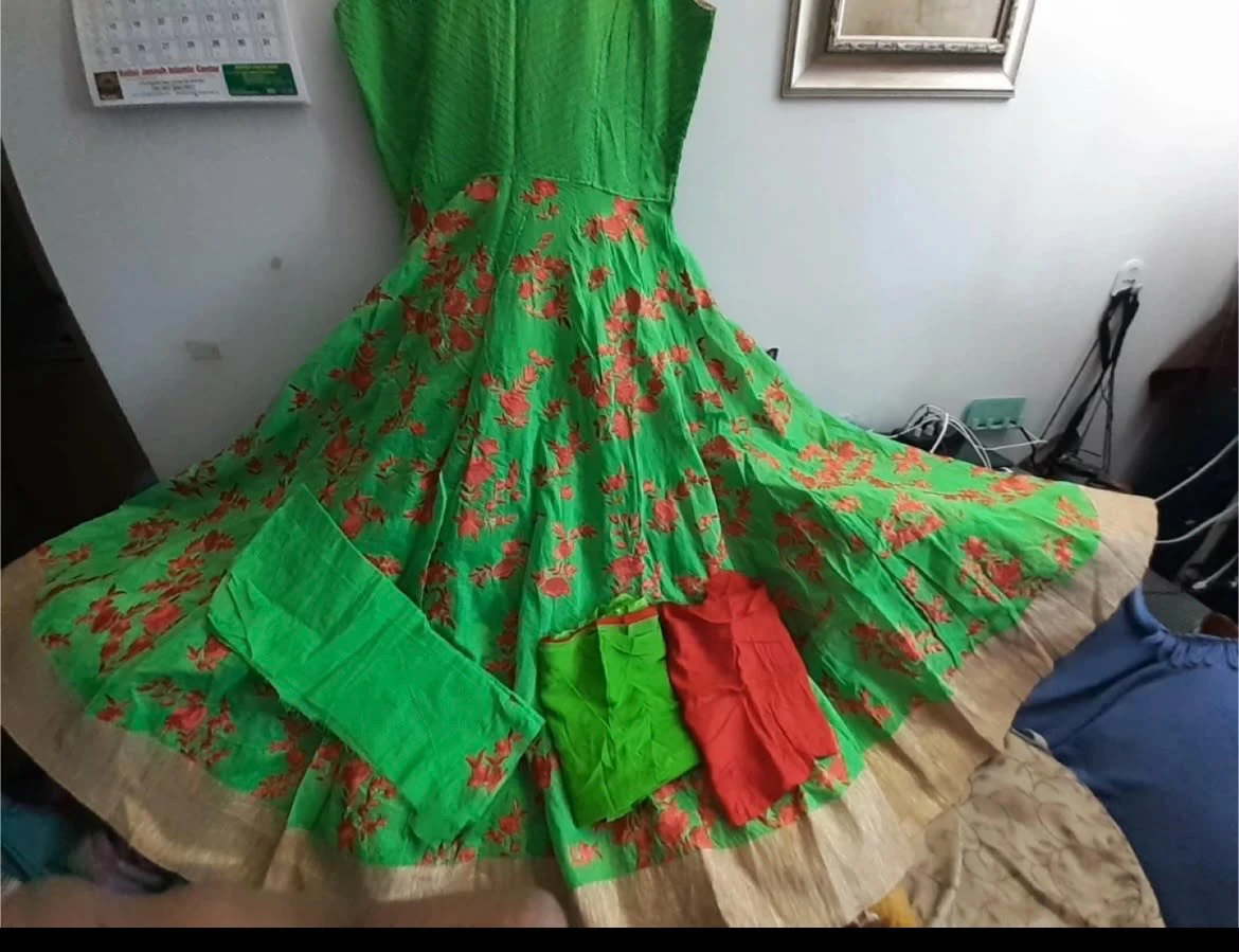 Bright Green Floral Anarkali Dress with Gold Border - photo 3
